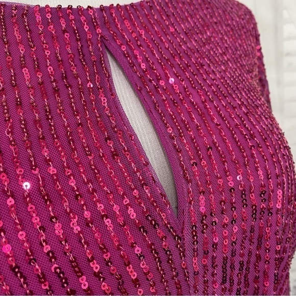 LDT Size 6 Pink Sequined Long Sleeve Short Dress Belted Pockets Cocktail A-Line - Picture 8 of 16